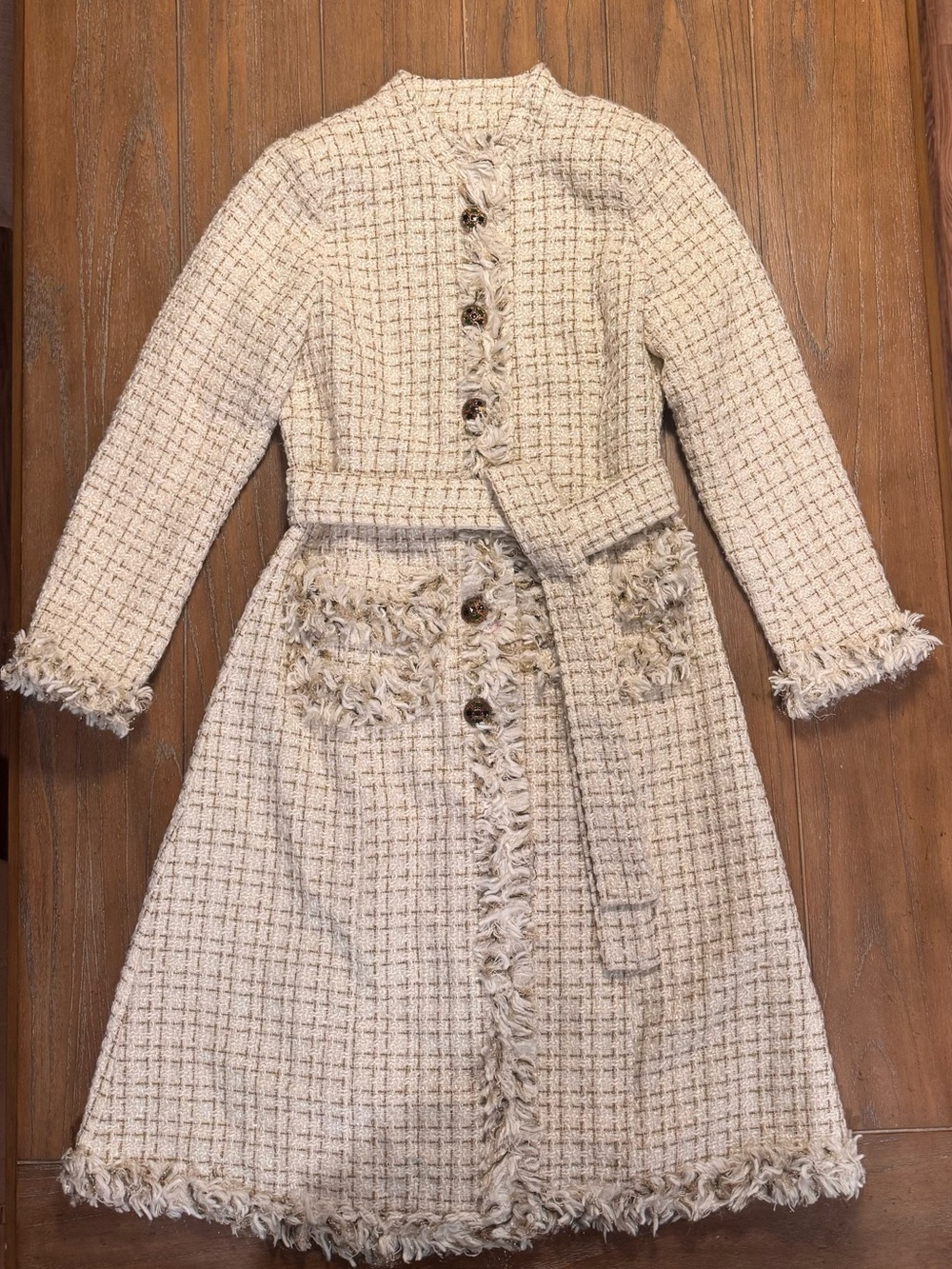 Cream Tweed Belted Long Coat with Fringed Trim #91